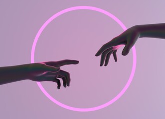 Poster - Modern 3d illustration with two hands about to touch each other in neon lights, reminiscent of the scene of Adam's creation.