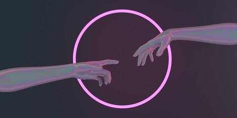 Poster - Modern 3d illustration with two hands about to touch each other in neon lights, reminiscent of the scene of Adam's creation.