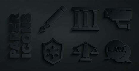 Canvas Print - Set Scales of justice, Security camera, Police badge, Law, Prison window and Fountain pen nib icon. Vector