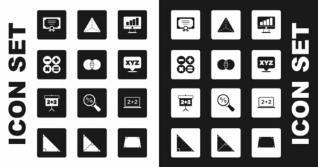 Set Computer monitor with graph chart, Mathematics sets A and B, Calculator, Certificate template, XYZ Coordinate system, Geometric figure Tetrahedron, Chalkboard and icon. Vector