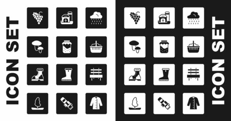 Sticker - Set Cloud with rain, Jam jar, Mushroom, Grape fruit, Basket, Farm house, Bench and Waterproof rubber boot icon. Vector