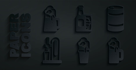 Wall Mural - Set Glass of beer, Metal keg, Beer tap with glass, Wooden mug, bottle and can and icon. Vector