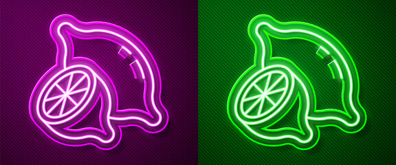 Poster - Glowing neon line Lemon icon isolated on purple and green background. Vector