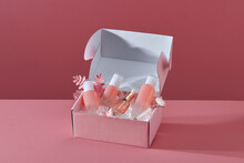 Beauty Box Set For Women On Pink Background.