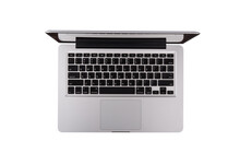Top View Of Modern Retina Laptop With English Keyboard Isolated On White Background. High Quality.