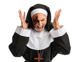 Screaming woman dressed for Halloween as nun on white background