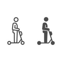 Poster - Man on electric scooter line and solid icon, electric transport concept, kick scooter ride vector sign on white background, outline style icon for mobile concept and web design. Vector graphics.