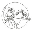 Continuous line drawing illustration of a jockey and horse racing side view inside circle done in mono line or doodle style in black and white on isolated background. 