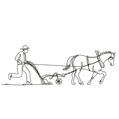 Poster - Continuous line drawing illustration of an organic farmer and horse plowing field side view done in mono line or doodle style in black and white on isolated background. 