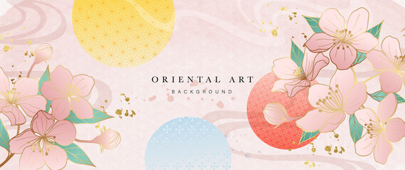 Luxury oriental style background vector. Chinese and Japanese oriental line art with golden texture. Wallpaper design with The sun and cherry blossom and Ocean and wave wall art. Vector illustration.