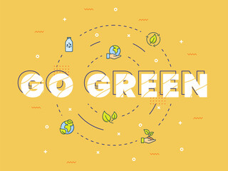 Wall Mural - go green lettering around set icons package orange isolated background with modern flat color cartoon style
