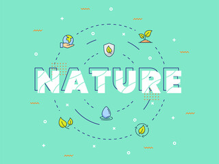 Wall Mural - Nature lettering around set icons package green isolated background with modern flat color cartoon style
