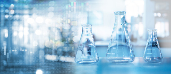 Wall Mural - clear glass three flask in chemistry science research lab blue banner background..