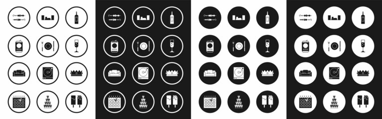 Sticker - Set Bottle of wine, Plate, fork and knife, Beer can, Grilled shish kebab, Glass champagne, Home stereo with two speakers, Crown and Sofa icon. Vector