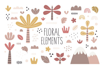 Wall Mural - Modern floral vector set with plants, leaves, flowers, bushes, graphic elements, shapes, trees, palm trees, stars in trendy boho colors