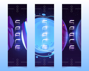 Wall Mural - space bookmarks with alien planets on galaxy background. vector vertical banners with cartoon illust