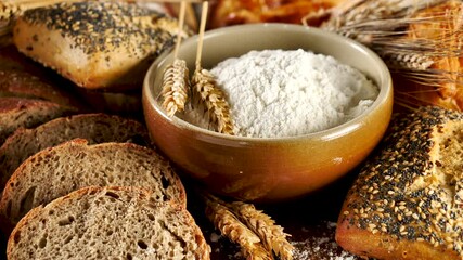 Wall Mural - assorted of bread with bowl of flour and wheat