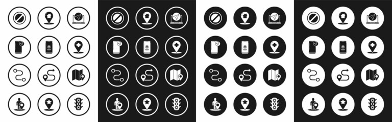 Sticker - Set Infographic of city map navigation, Stop sign, Medical pointer with cross hospital, Map house, Folded location marker and Route icon. Vector