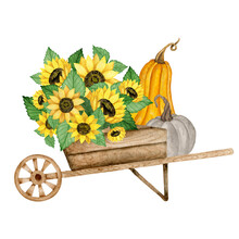Wooden Cart With Pumpkins And Sunflowers Bouquet. Harvest Festival, Autumn, Thankthgiving Day Illustration. Isolated Clipart Element On White Background