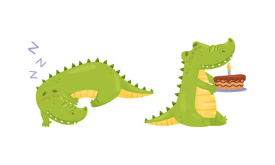Wall Mural - green crocodile or gator character sleeping and carrying birthday cake with candle vector set