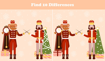 Wall Mural - Christmas logical game, find ten differences riddle for children books with nutcracker character and mouse king fighting in cartoon style, xmas eve and gift boxes, search puzzle