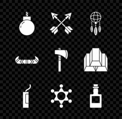 Canvas Print - Set Bomb ready to explode, Crossed arrows, Dream catcher with feathers, Dynamite bomb, Hexagram sheriff, Tequila bottle, Kayak or canoe and paddle and Tomahawk axe icon. Vector