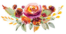 Watercolor Autumn Bouquet Made Of Flowers And Leaves Isolated
