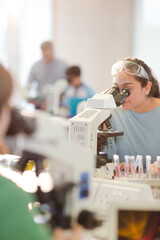Wall Mural - girl student conducting scientific experiment at microscope in laboratory classroom