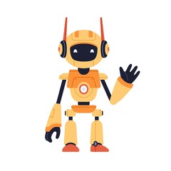Aufkleber - Cute robot toy waving with hand, gesturing hi. Funny childish futuristic bot. Portrait of modern humanoid machine for kids. Colored flat cartoon vector illustration isolated on white background