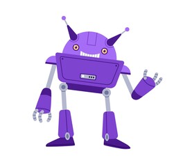 Aufkleber - Cute robot toy. Funny childish bot with smiling face, saying and gesturing hi. Portrait of friendly humanoid machine for kids. Flat cartoon vector illustration isolated on white background