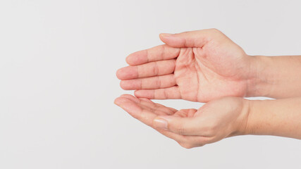 Wall Mural - Empty hand begging gesture on white background.