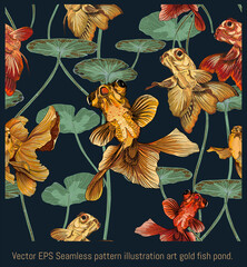 Canvas Print - Seamless pattern golden fish swiming with lotus leaves.