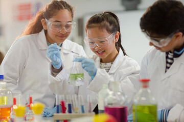 Wall Mural - students watching chemical reaction, conducting scientific experiment in laboratory classroom