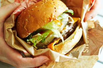 Poster - hand wrapped cheese hamburger