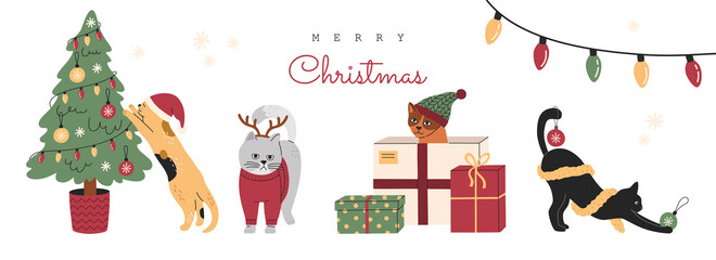 Set of Christmas cats, collection of funny cute kitty in hats and sweaters.  Kitten in gift box with presents and fir-tree. Hand drawn vector illustration, banner or card isolated on white background