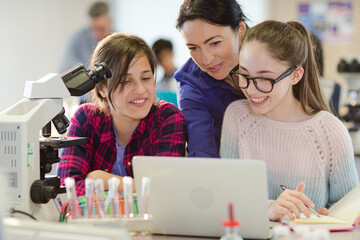 Wall Mural - female teacher and girl students using microscope and laptop, conducting scientific experiment in la