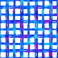 Watercolor Brush Plaid Seamless Pattern Hand Painted Check Grange Geometric Design in Blue Color. Modern Strokes and Stripes