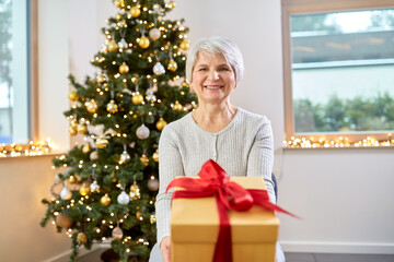 Sticker - winter holidays and old people concept - happy smiling senior woman with christmas gift at home