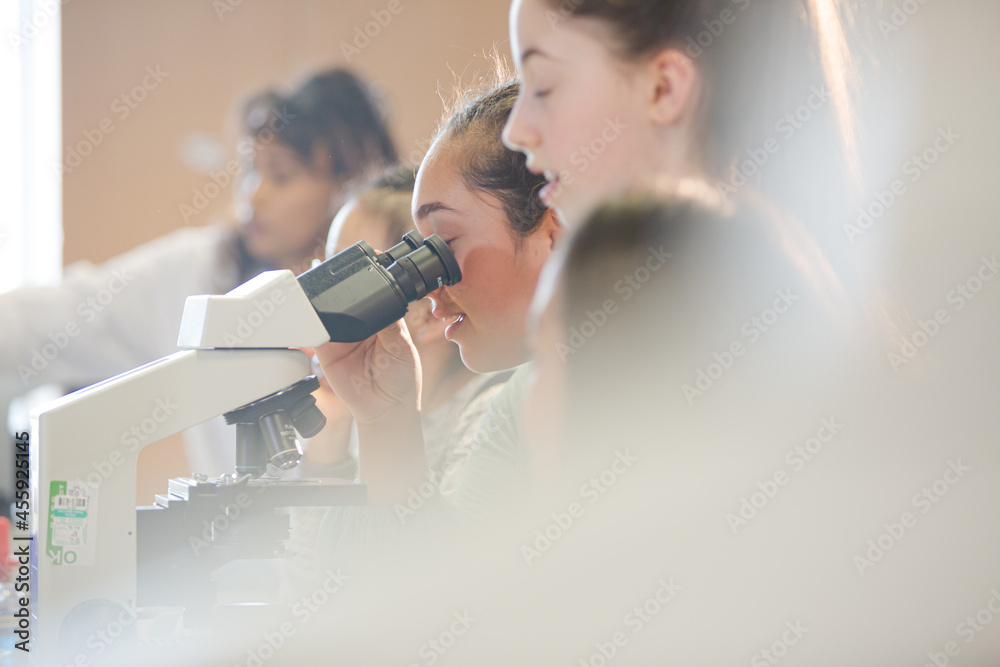 Girl students using microscope, conducting scientific experiment in ...