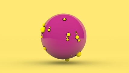 Poster - 3d rendering of an abstract composition. a large pink sphere with pits on the surface and a lot of c