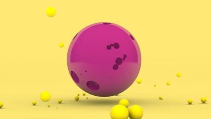 Poster - 3d rendering of an abstract composition. a large pink sphere with pits on the surface and a lot of c