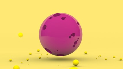 Poster - 3d rendering of an abstract composition. a large pink sphere with pits on the surface and a lot of c