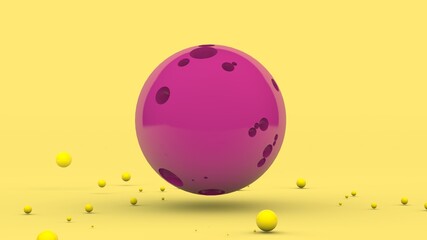 Poster - 3d rendering of an abstract composition. a large pink sphere with pits on the surface and a lot of c