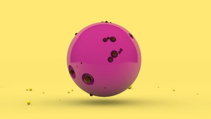 Poster - 3d rendering of an abstract composition. a large pink sphere with pits on the surface and a lot of c