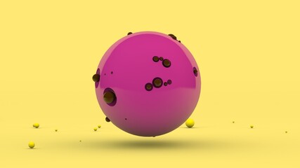 Poster - 3d rendering of an abstract composition. a large pink sphere with pits on the surface and a lot of c