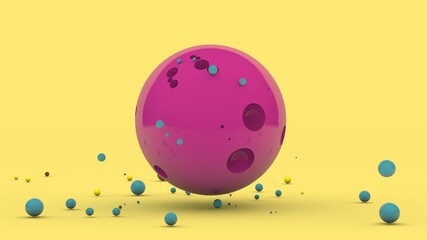 Poster - 3d rendering of an abstract composition. a large pink sphere with pits on the surface and a lot of c