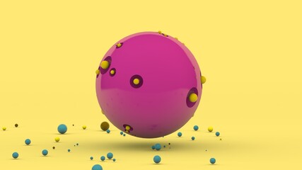 Poster - 3d rendering of an abstract composition. a large pink sphere with pits on the surface and a lot of c