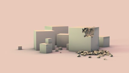 Poster - 3d rendering of a set of white cubes of different sizes. Two cubes are partially destroyed. Fragments, stones lie on the surface. Abstract composition.
