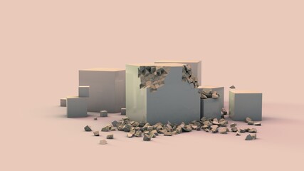 Poster - 3d rendering of a set of white cubes of different sizes. Two cubes are partially destroyed. Fragments, stones lie on the surface. Abstract composition.
