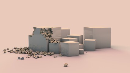 Poster - 3d rendering of a set of white cubes of different sizes. Two cubes are partially destroyed. Fragments, stones lie on the surface. Abstract composition.
